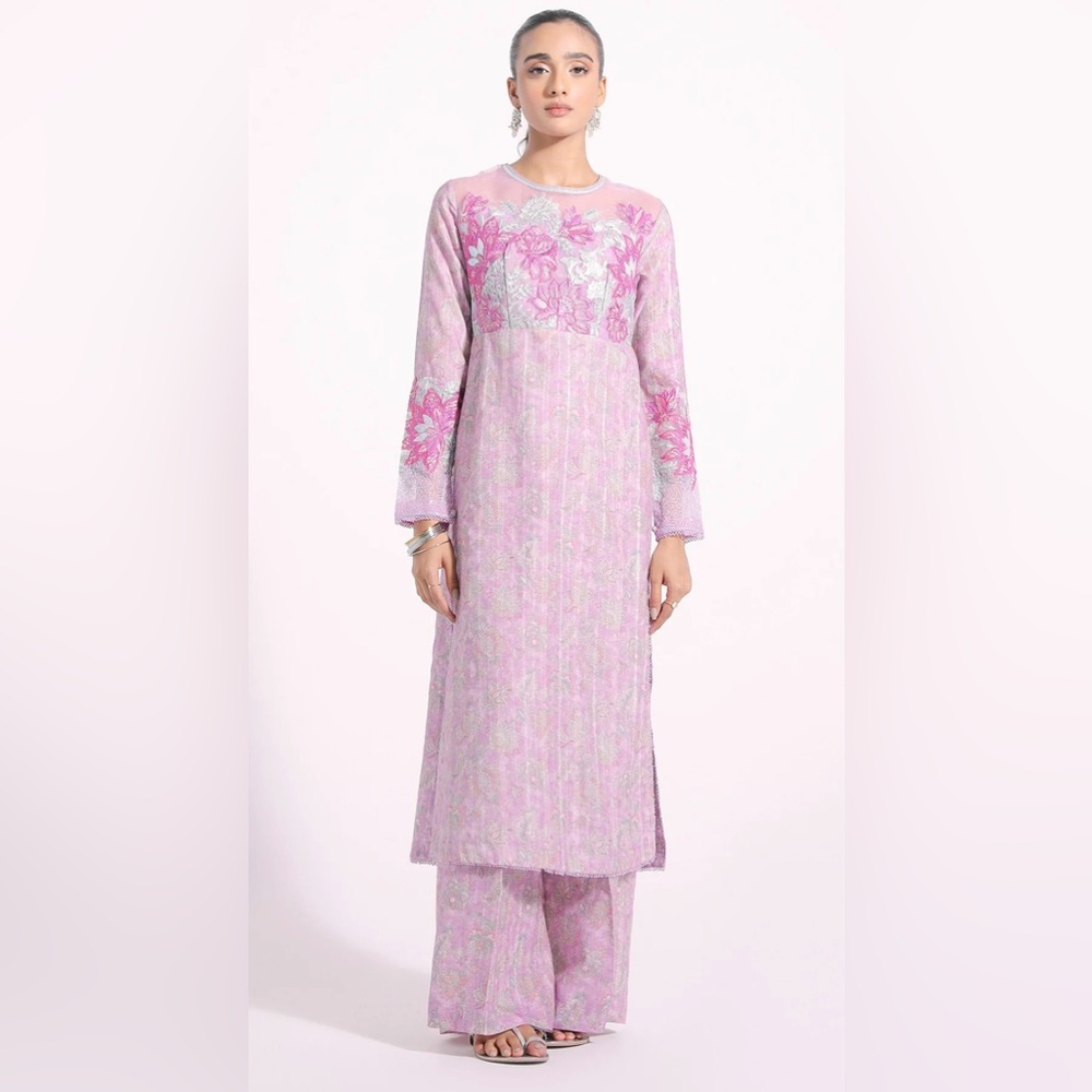 Pink Embellished Ruffled Long Sleeve Dress